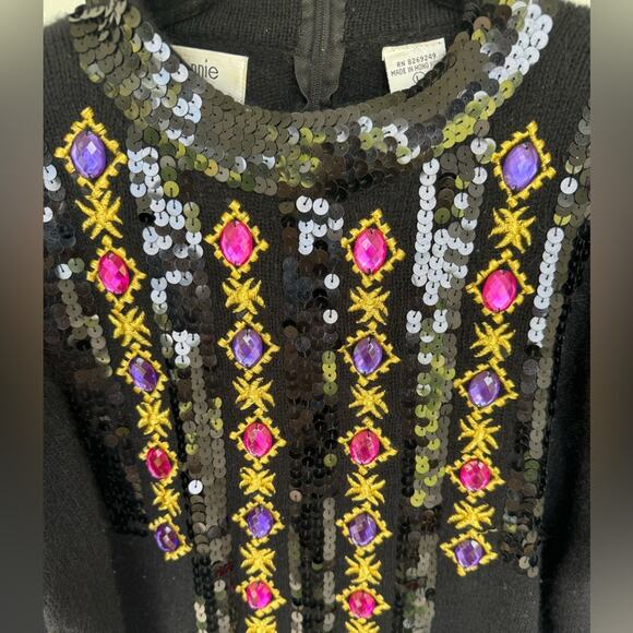 Vintage 80s black Bejeweled sequin Balloon Sleeve Wool Angora cozy Sweater large - Picture 3 of 6